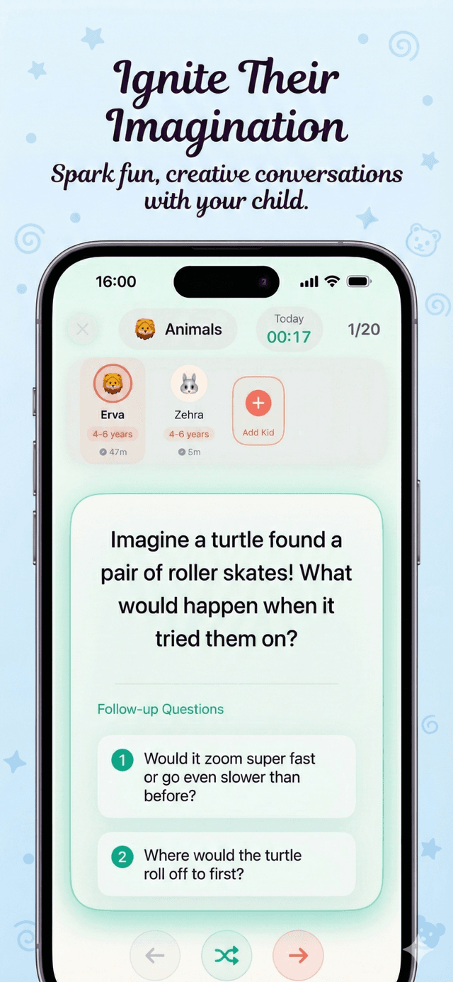 Little Chats app preview showing fun question cards for kids